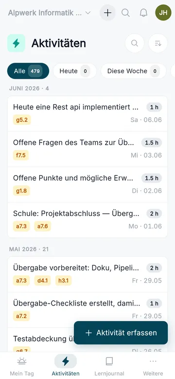 Aktivität am Handy erfassen, mit Titel, Dauer und Kompetenz