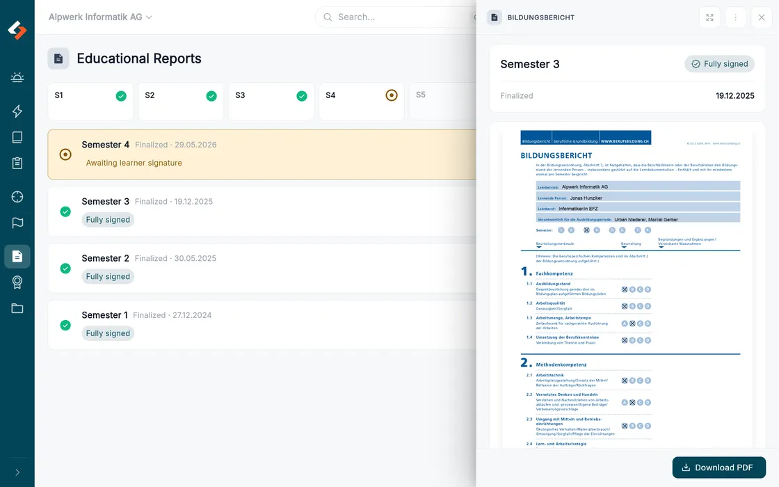 Education reports per semester, with the official SDBB form next to it