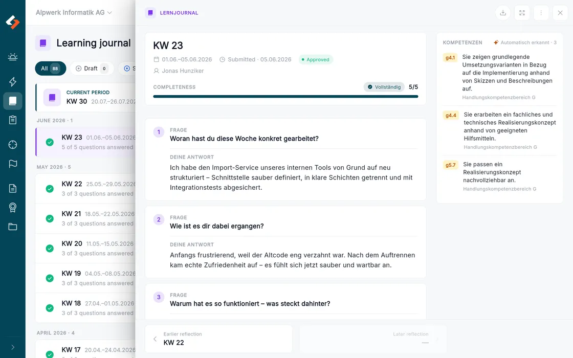 Learning journal with guided reflection questions and the feedback status