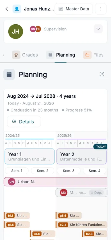 The year detail on a phone, semester by semester
