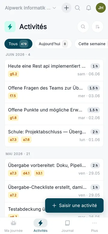 Activités saisies sur le mobile