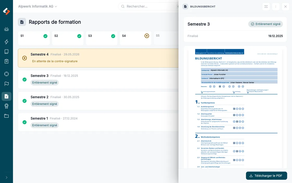 Rapports de formation par semestre, avec le formulaire SDBB officiel à côté