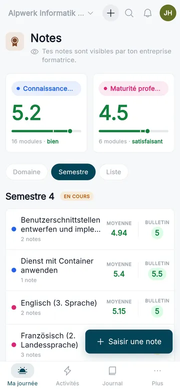 Notes sur mobile, par branche et par semestre