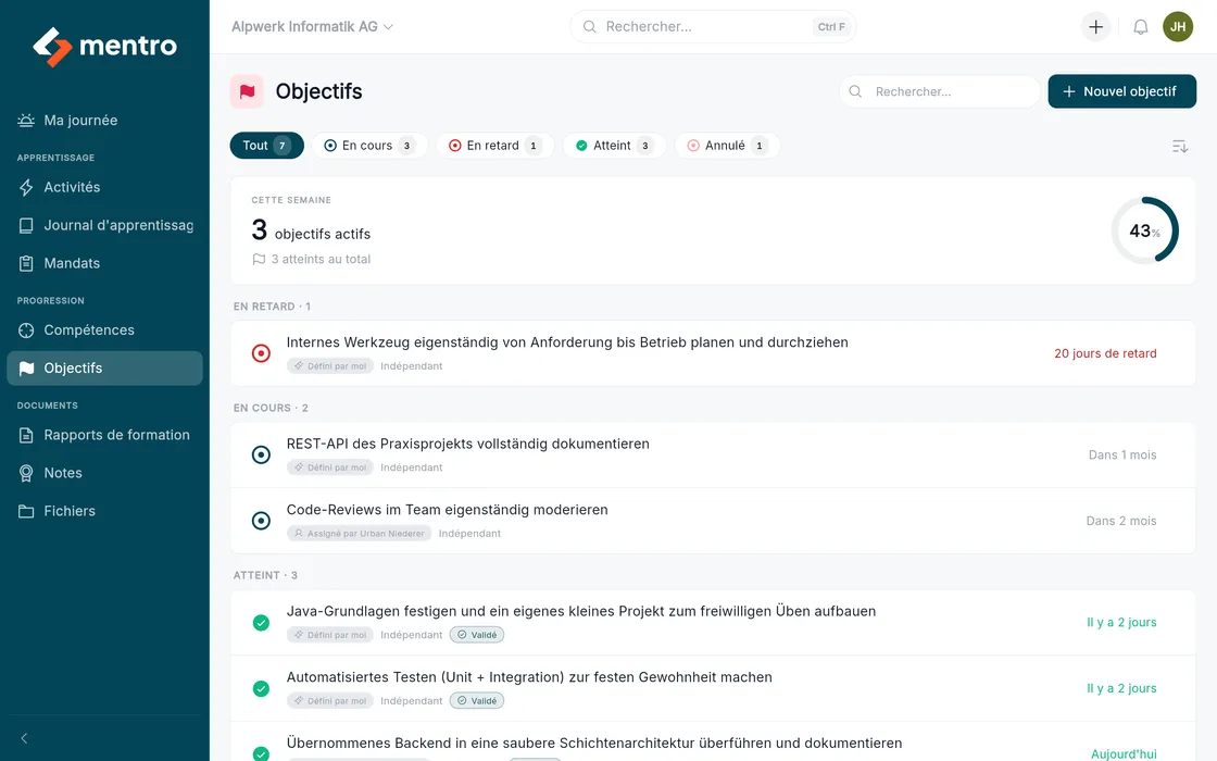Liste des objectifs avec progression et statut